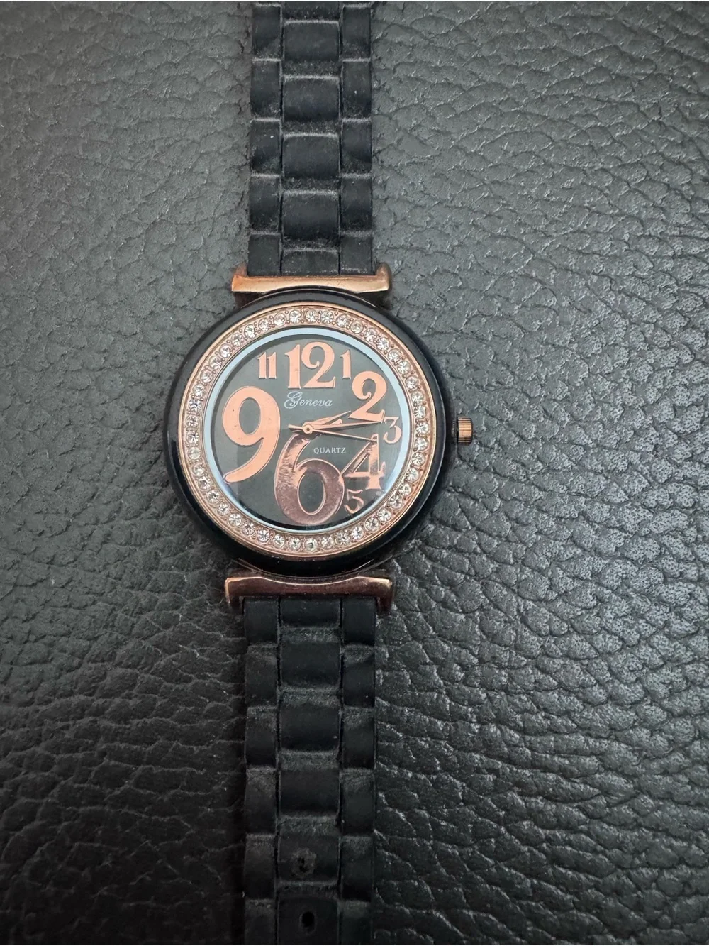 Geneva Quartz Women's Black and Rose Gold Crystal Accent Watch